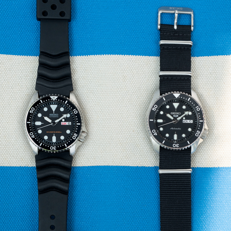 Photo of the SKX diver's watch and the new Seiko 5 Sports (SRPD55K3)