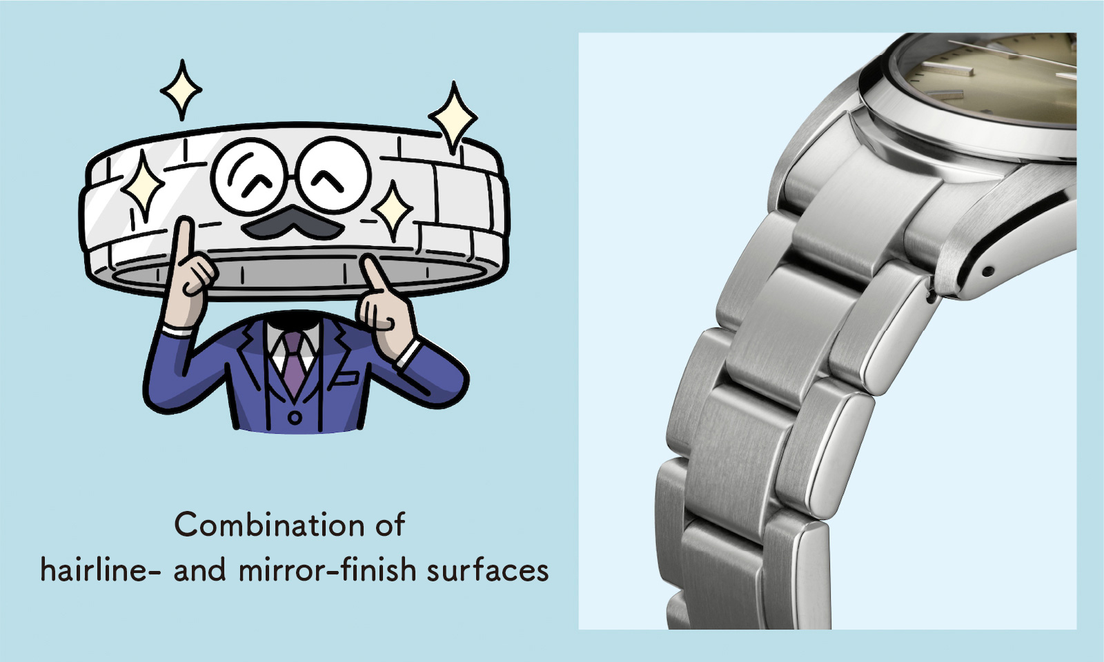 Combination of hairline- and mirror-finish surfaces (Enlarged photo of the bracelet)