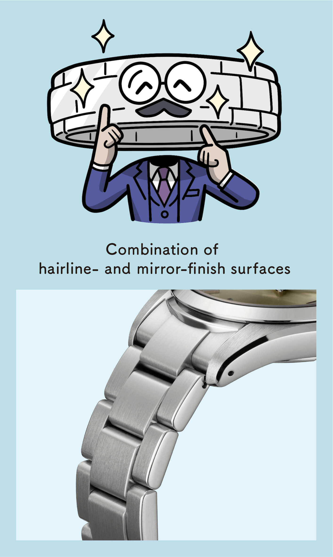 Combination of hairline- and mirror-finish surfaces (Enlarged photo of the bracelet)