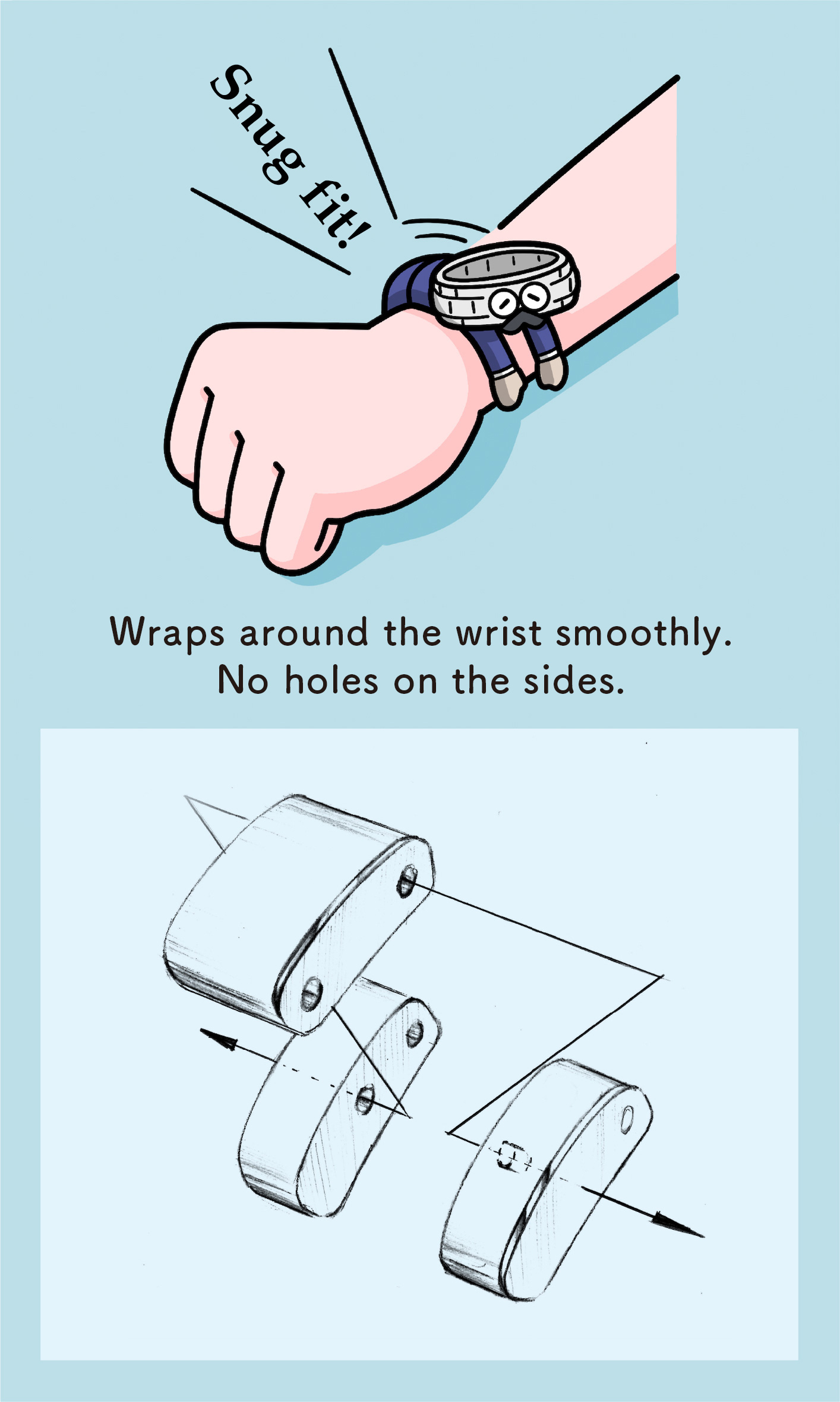 Wraps around the wrist smoothly. No holes on the sides. (Illustration of the structure of links)