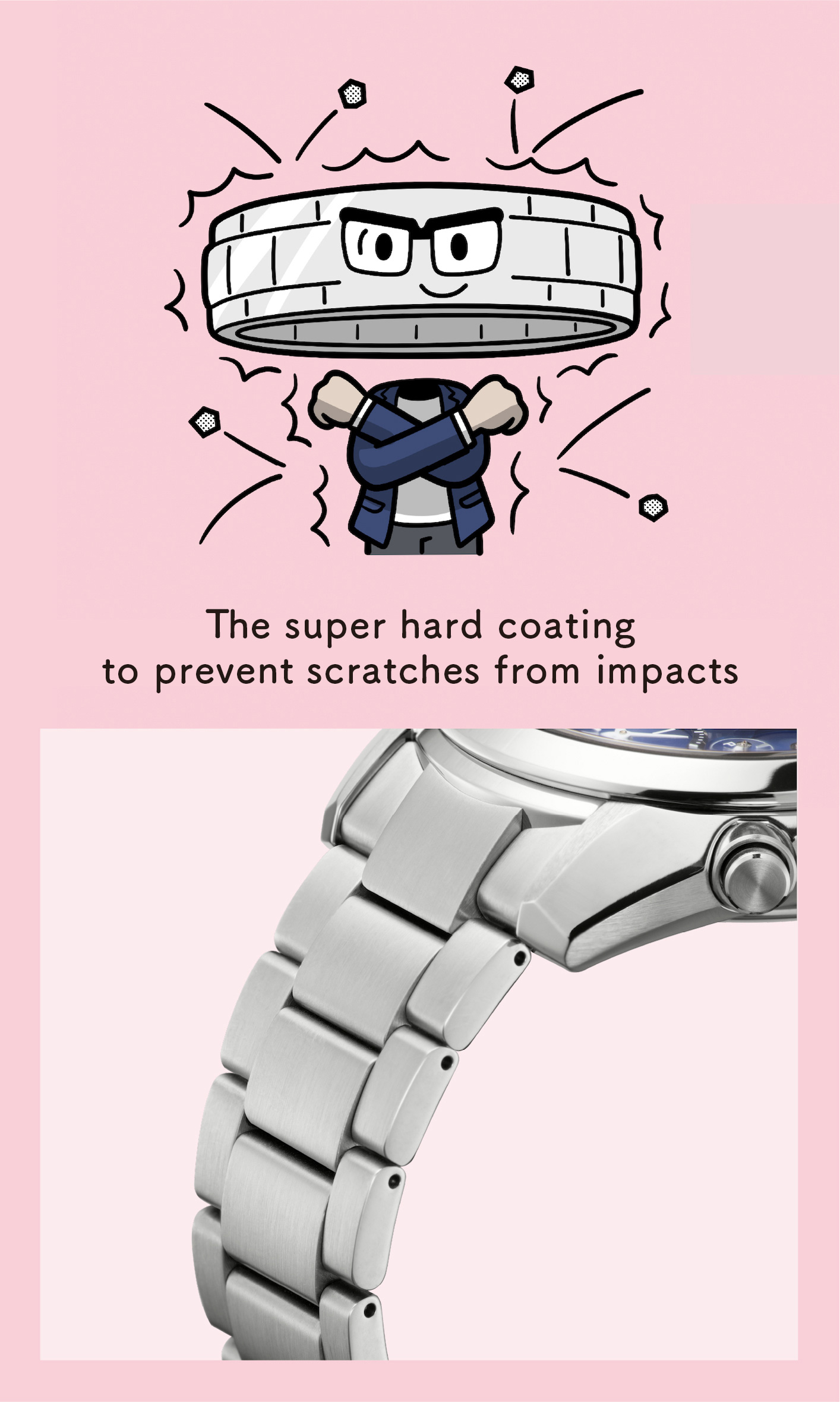 The super hard coating to prevent scratches from impacts (Enlarged photo of the bracelet)