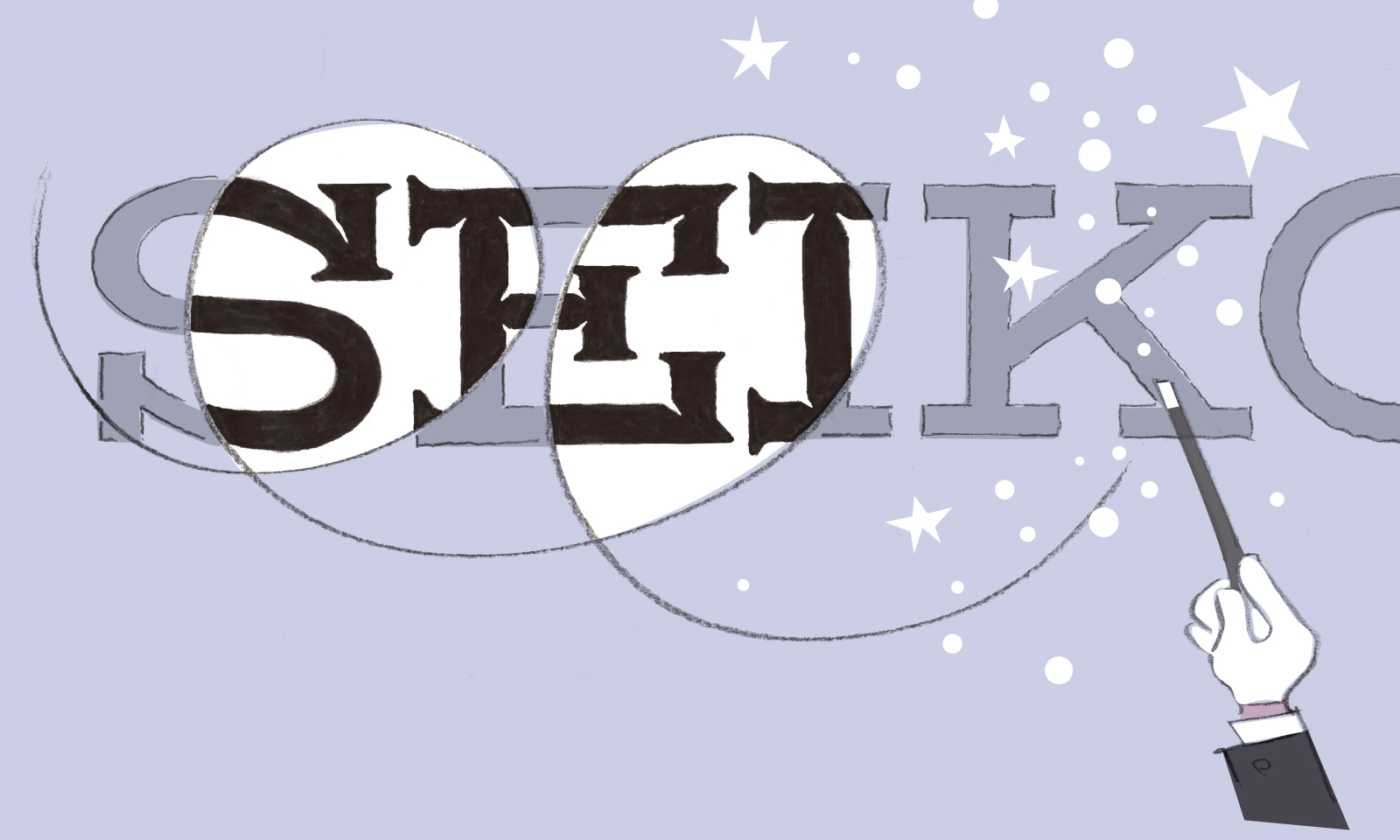 マジシャンがステッキを回してSEIKOのロゴに魔法をかけているところのイラスト